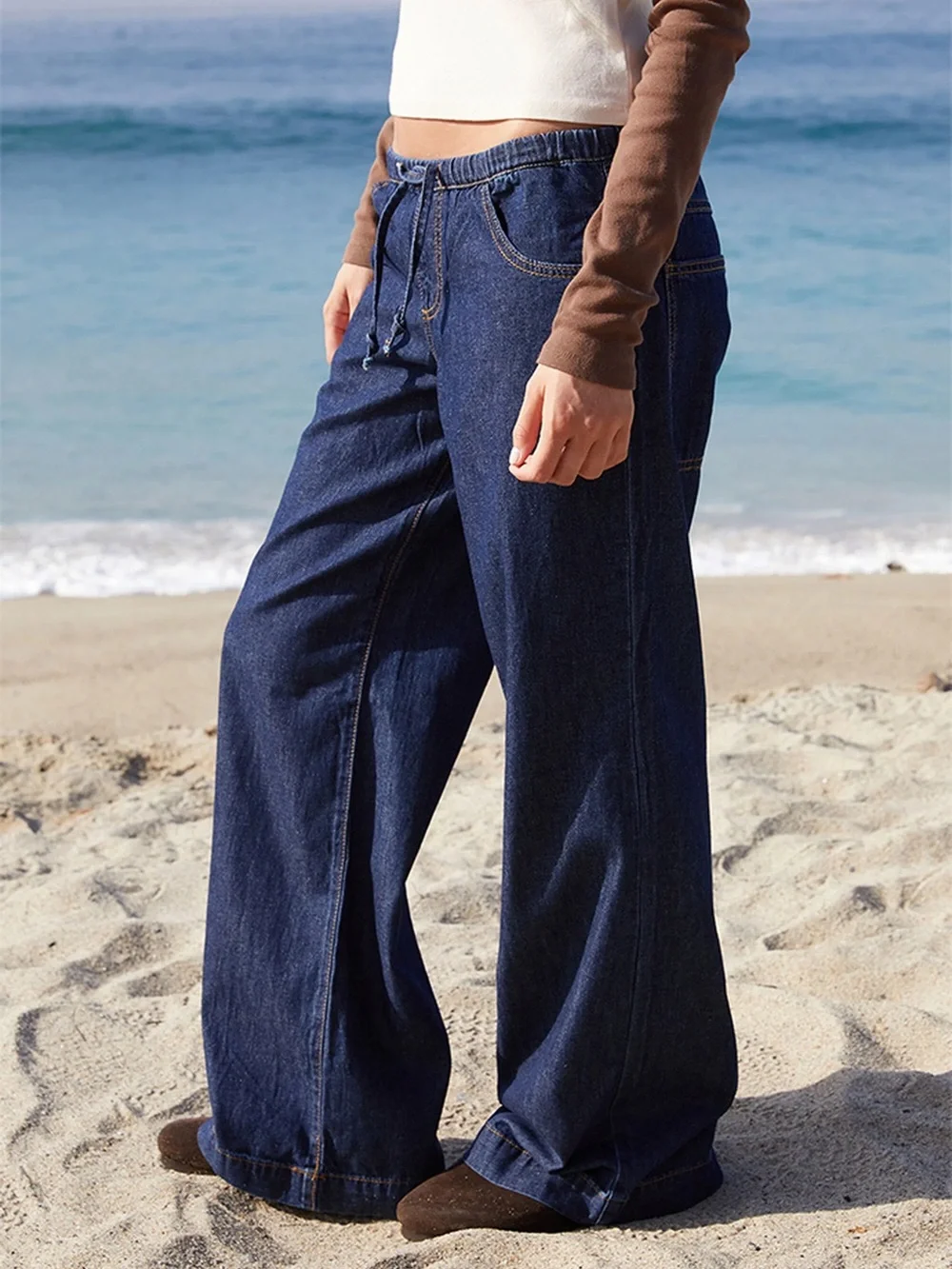 John Galt Dark Blue Gracie Drawstring Low Rise Baggy Jeans Relaxed Fit Wide Leg